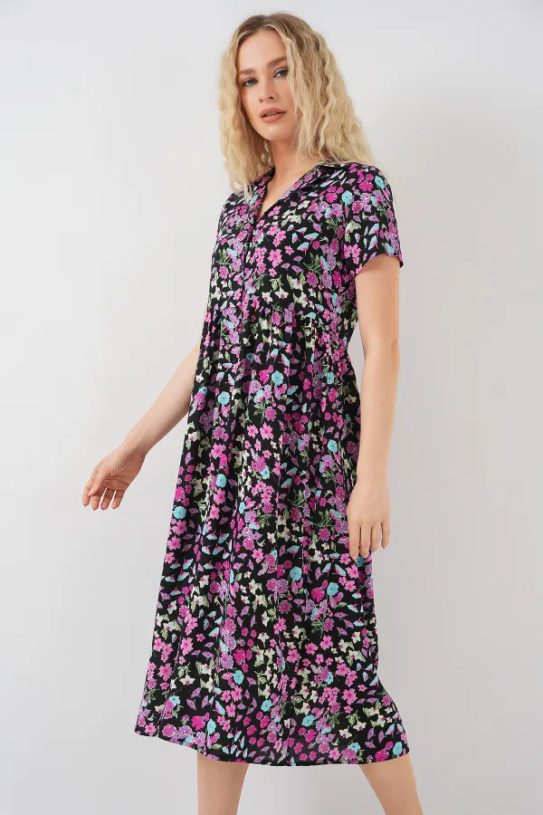 Robe fleurie à manches courtes boutonnée pour femme 2561 - Noire