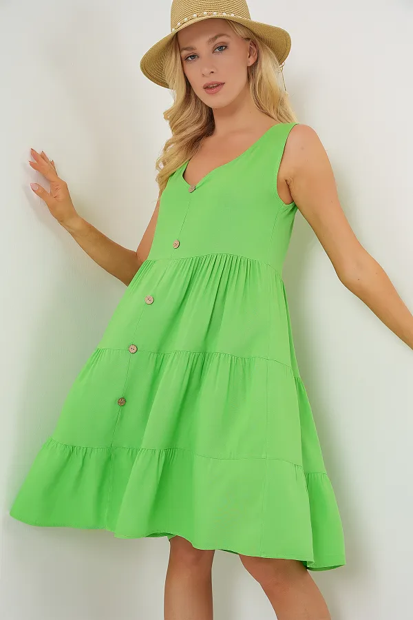 Women's Sleeveless Buttoned Short Dress 2571 - Green