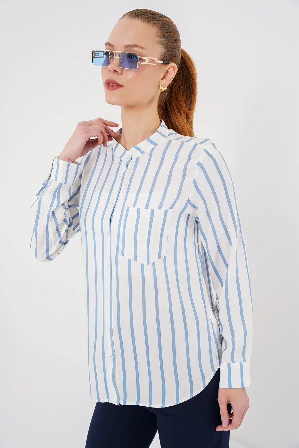 Kadın Uzun Kollu Çizgili Gömlek 20283 - Mavi