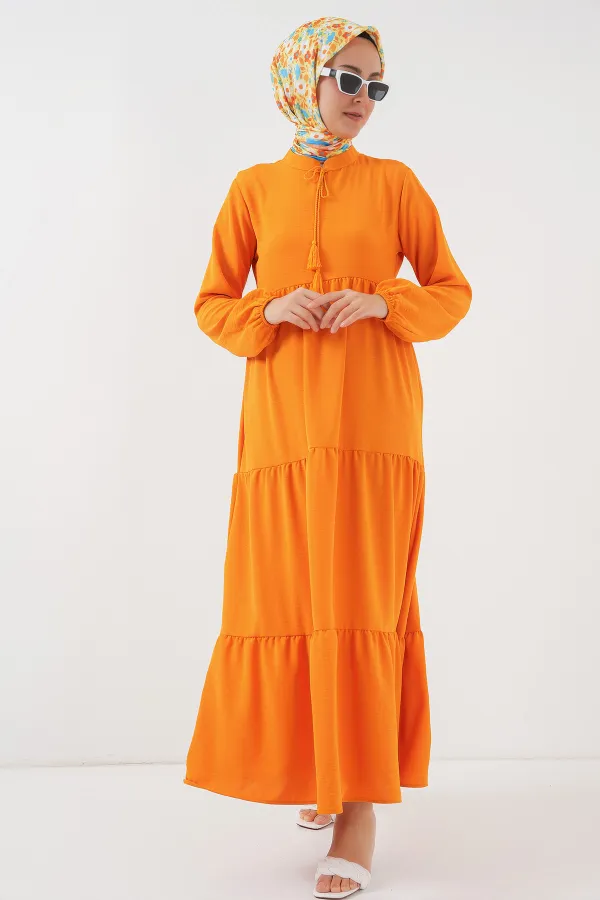 1627 Yaka Bağcıklı Tesettür Elbise - Oranje