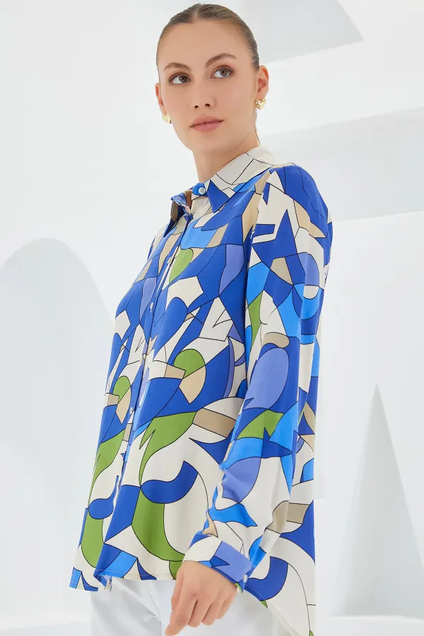 3721 Grafik Desenli Gömlek - İndigo