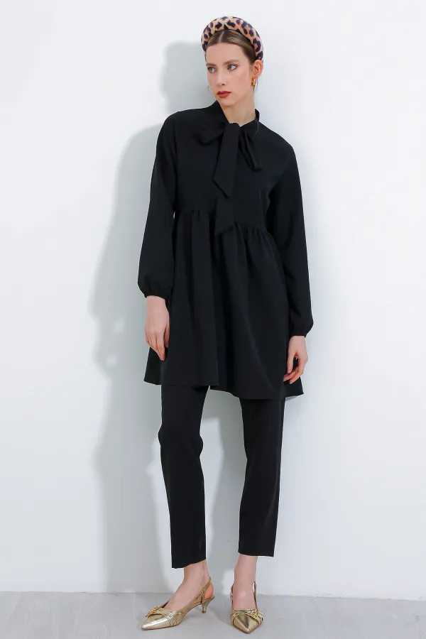 Ensemble pantalon et tunique noirs en maille pour femme 6654