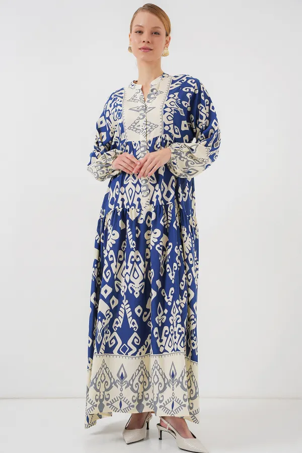 2423 Otantik Desenli Tesettür Elbise - İndigo 1
