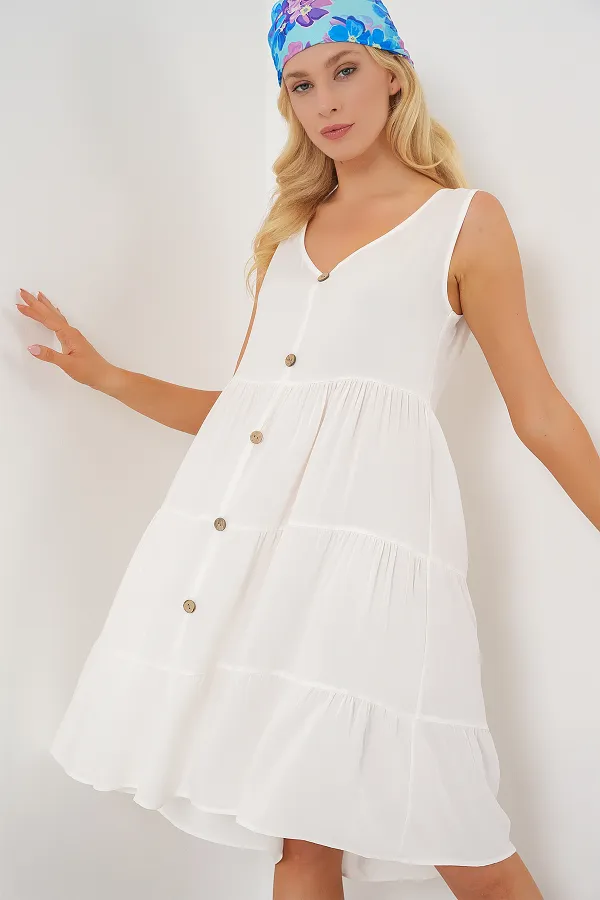 Women's Zero Sleeve Button Short Dress 2571 - White