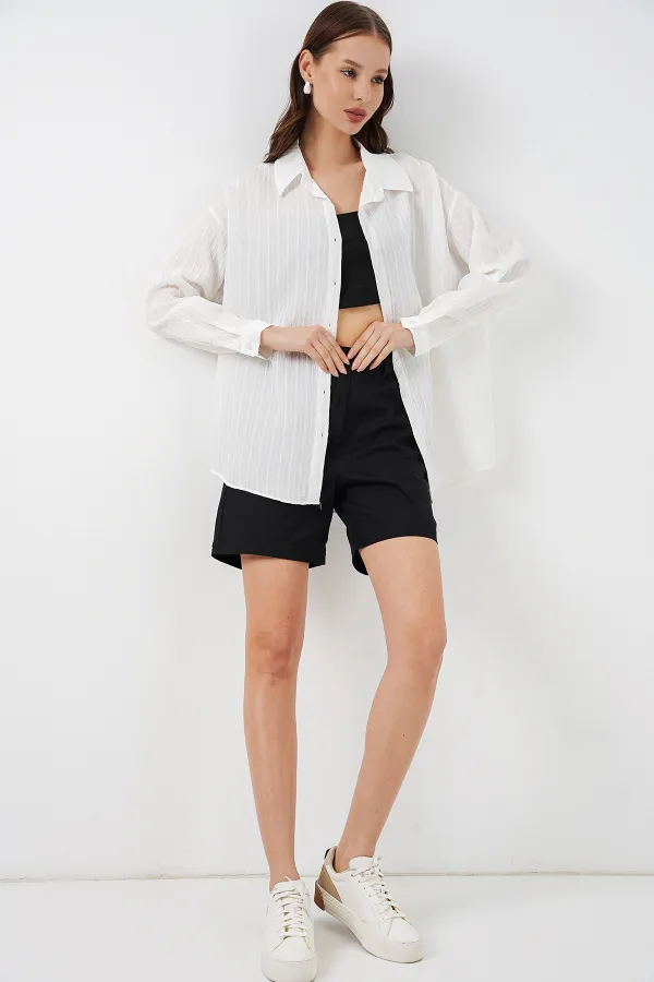 Kadın Çizgili Oversize Gömlek 20293 - Beyaz