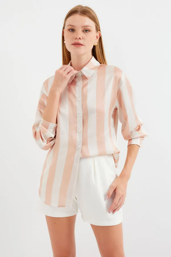 3964 Lightly Flowing Striped Satin Shirt - Biscuit