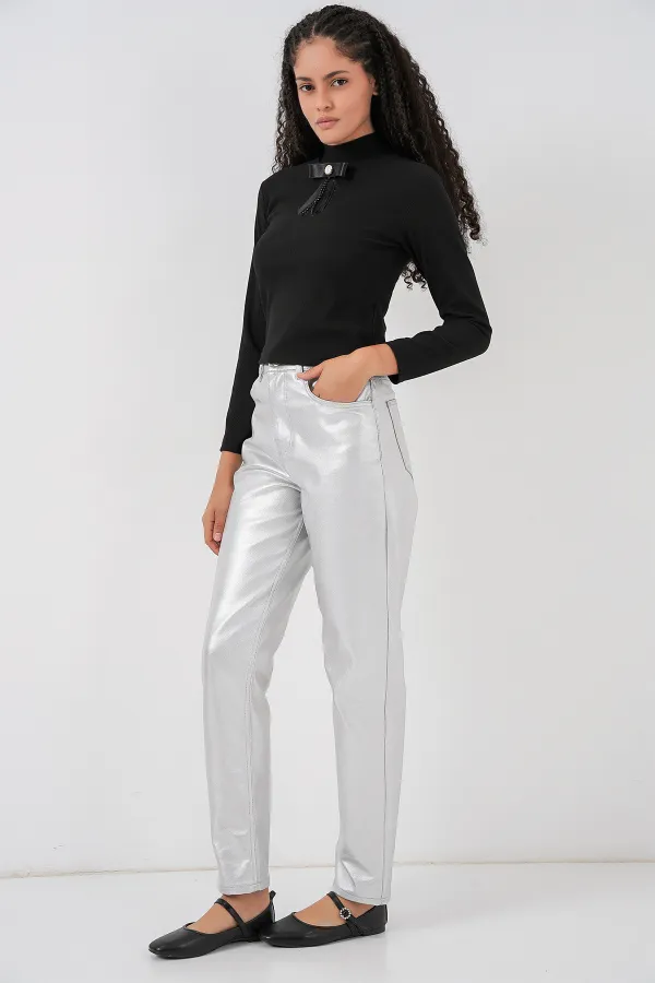 Kadın Yüksek Bel Parlak Pantolon 6738 - Gümüş