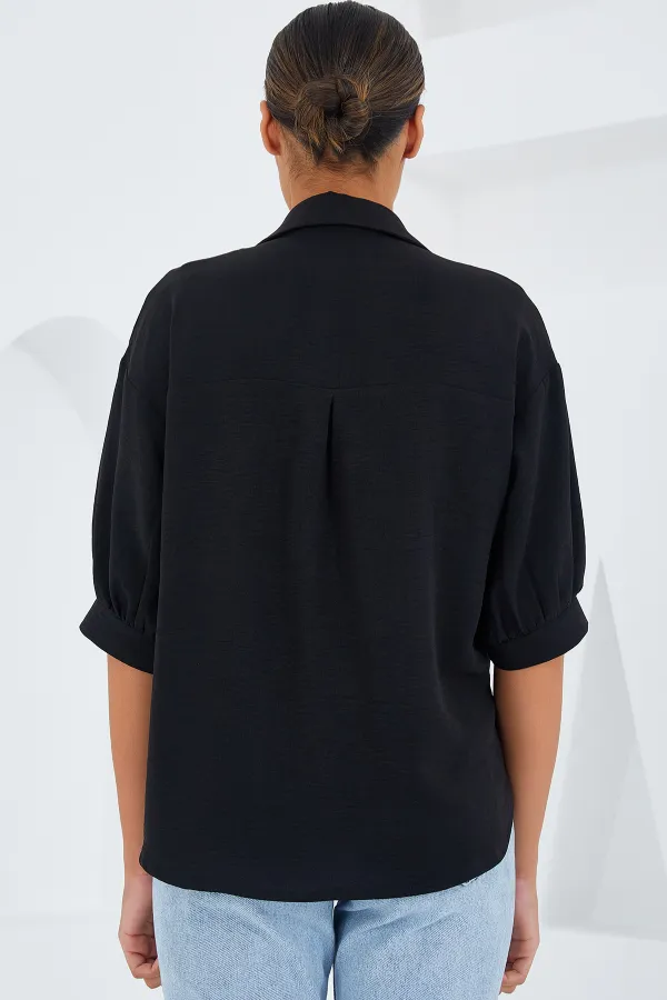Chemise oversize en lin noir à manches courtes pour femme 20240