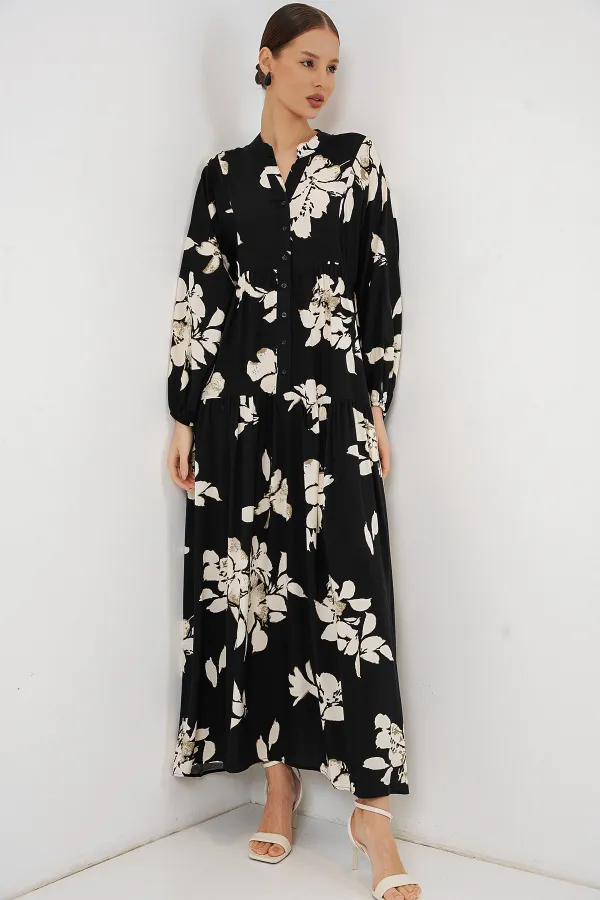 Kadın Desenli Uzun Tesettür Elbise 2585 - Düz Siyah