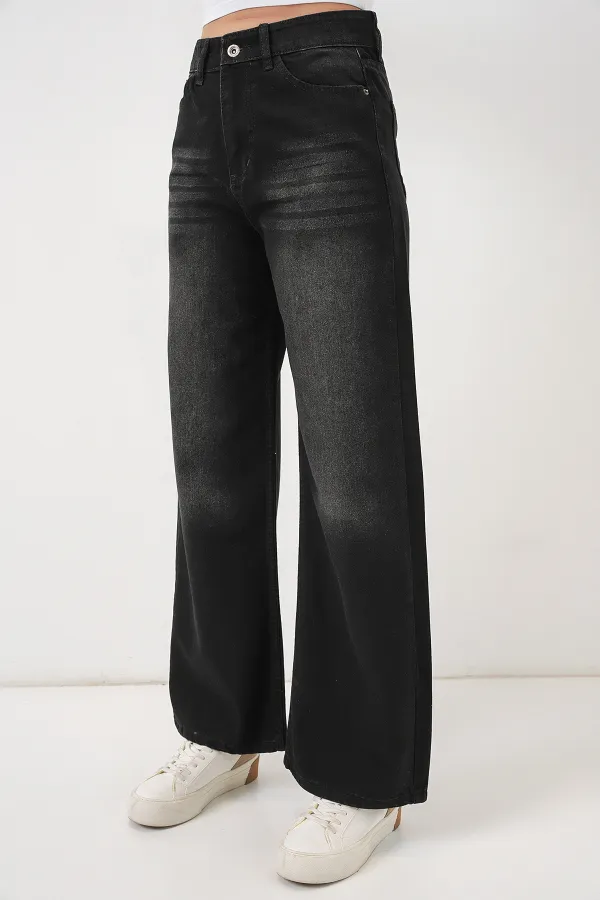 Kadın Bol Paça Yüksek Bel Palazzo Kot Pantolon 6656 - Siyah