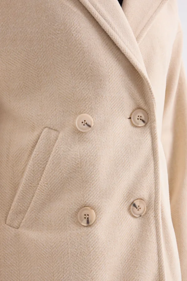 Krem Oversize Geniş Kesim Yünlü Uzun Kaşe Kaban 9113