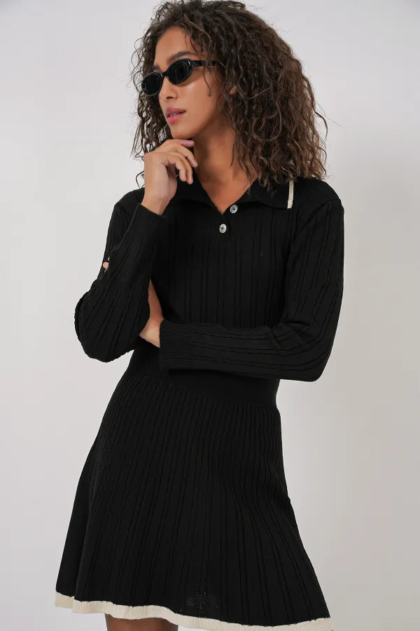 Ensemble deux pièces pour femme (pull à col polo, jupe et tricot) - Noir (réf. 15907)