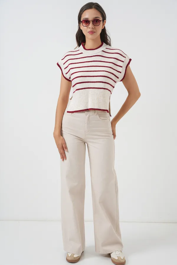 Kadın Çizgili Triko Süveter 15926 - Bordo