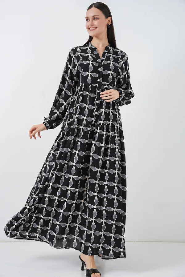 Kadın Desenli Uzun Tesettür Elbise 2585 - Siyah1