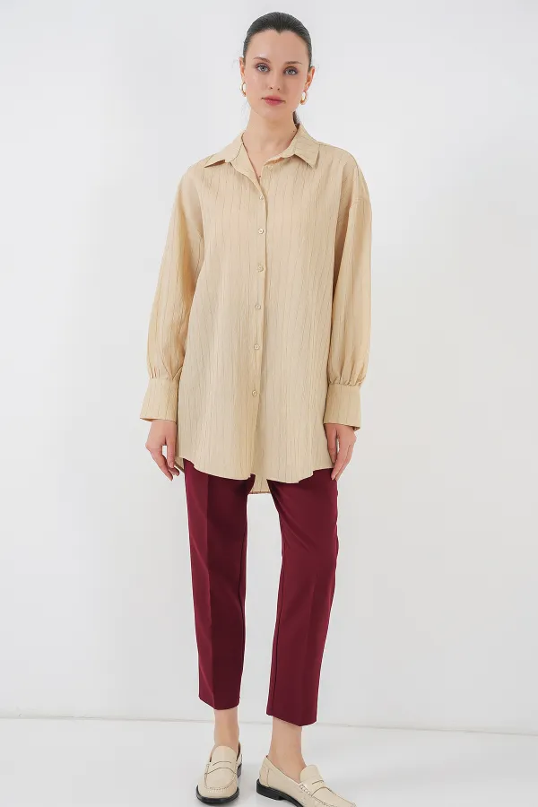 Women's Striped Long Shirt Tunic 5963 - Beige