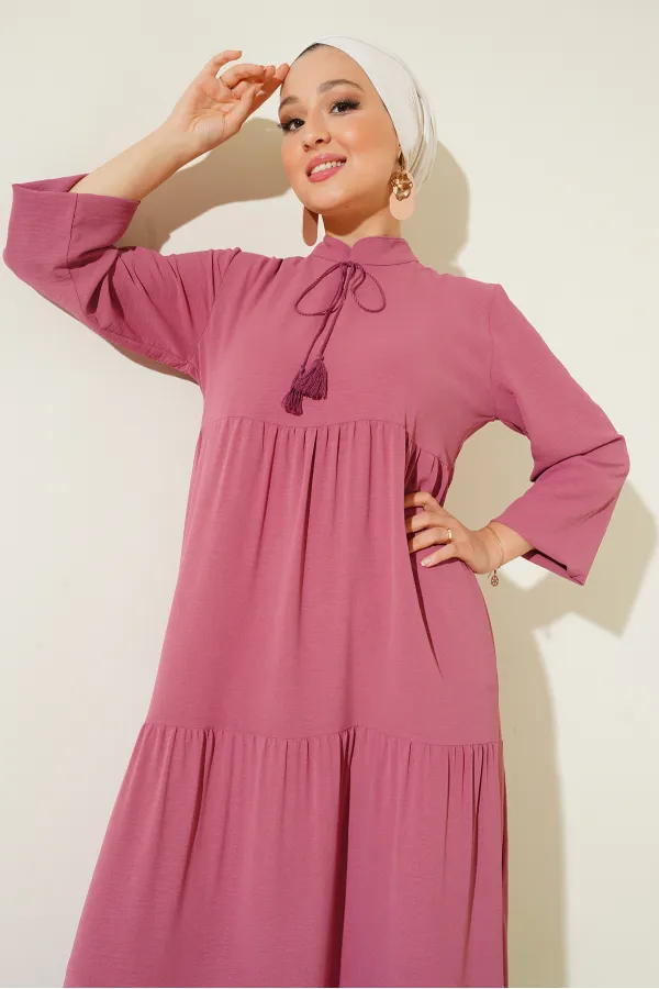 T1627 Yaka Bağcıklı Elbise - A. Pembe