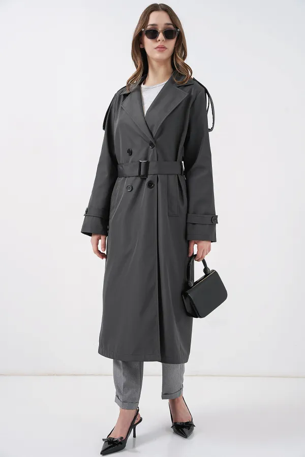 5941 Double-Breasted Long Trench Coat - Anthracite 5941 Double-Breasted Long Trench Coat - Anthracite