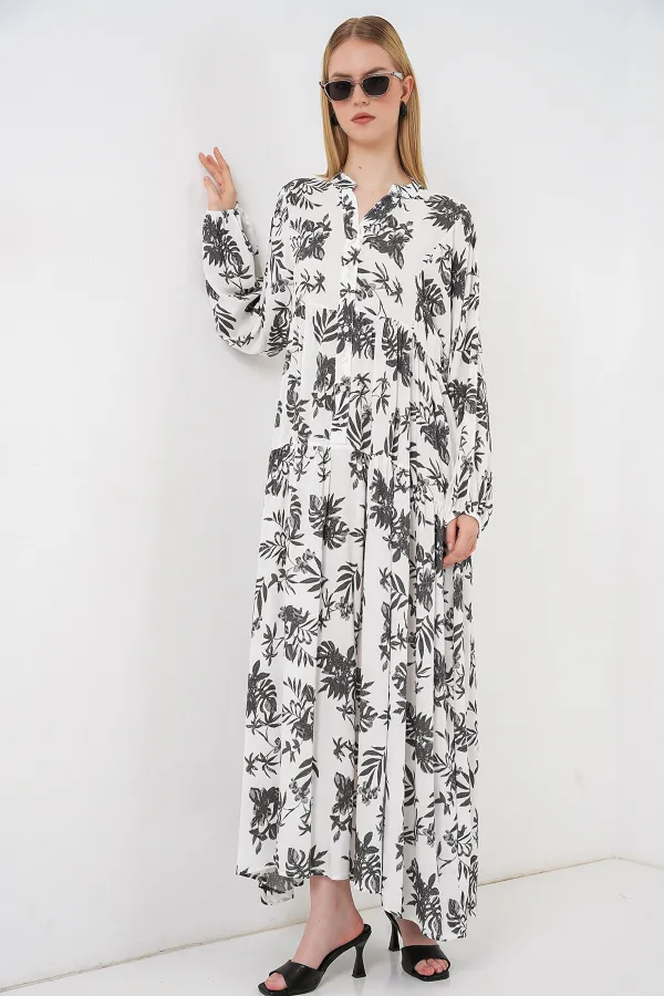 Kadın Desenli Uzun Tesettür Elbise 2585 - V. Antrasit