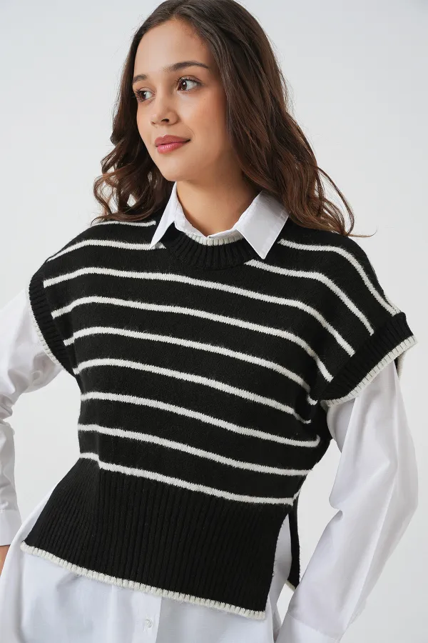 Kadın Çizgili Triko Süveter 15926 - Siyah