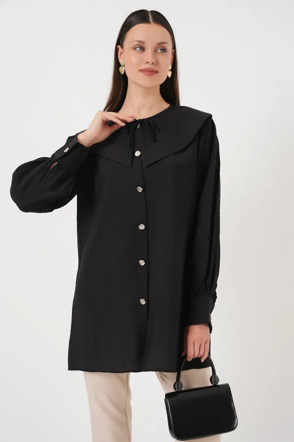 Women's Peter Pan Collar Long Tunic 5967 - Black