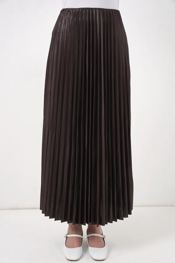 8009 Deri Görünümlü Piliseli Etek - Kahverengi