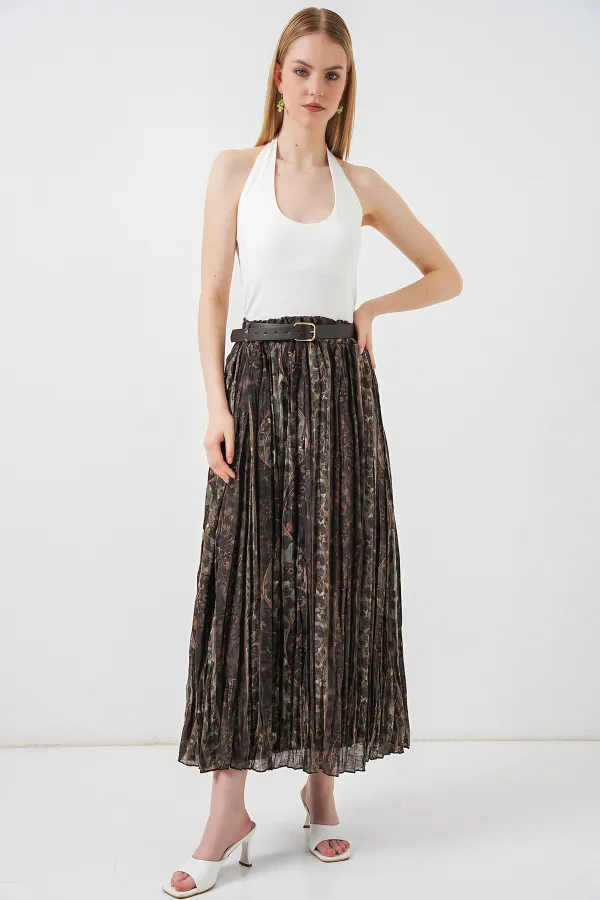 Kadın Kemerli Desenli Etek 8074 - Çağla