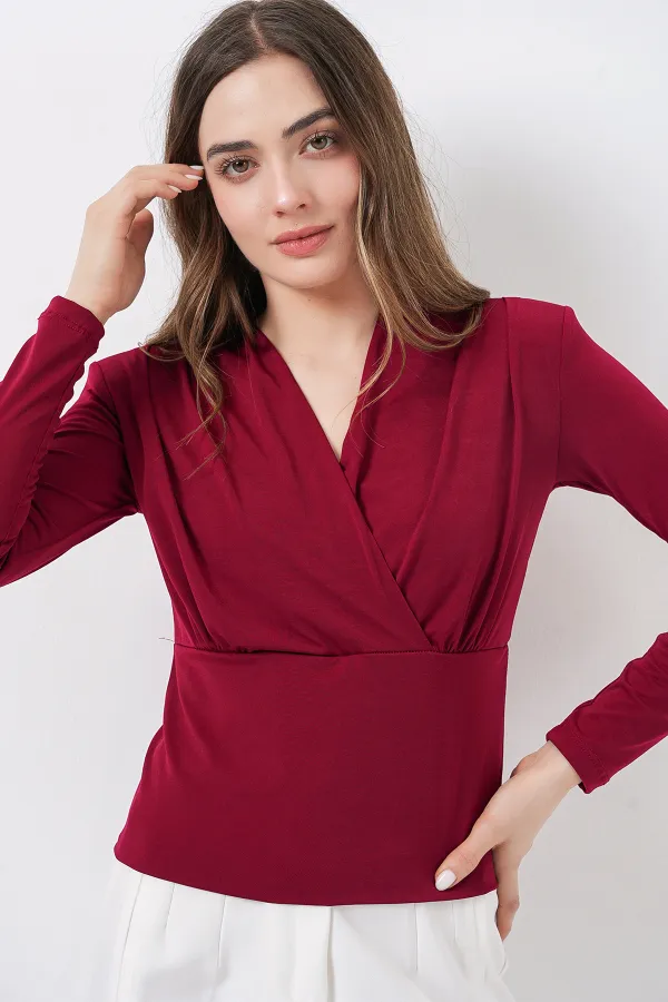 Kadın Omuz Vatkalı Kruvaze Yaka Bluz 942 - Bordo