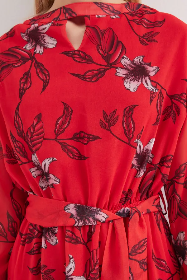 2459 Lined Patterned Tulle Dress - Red