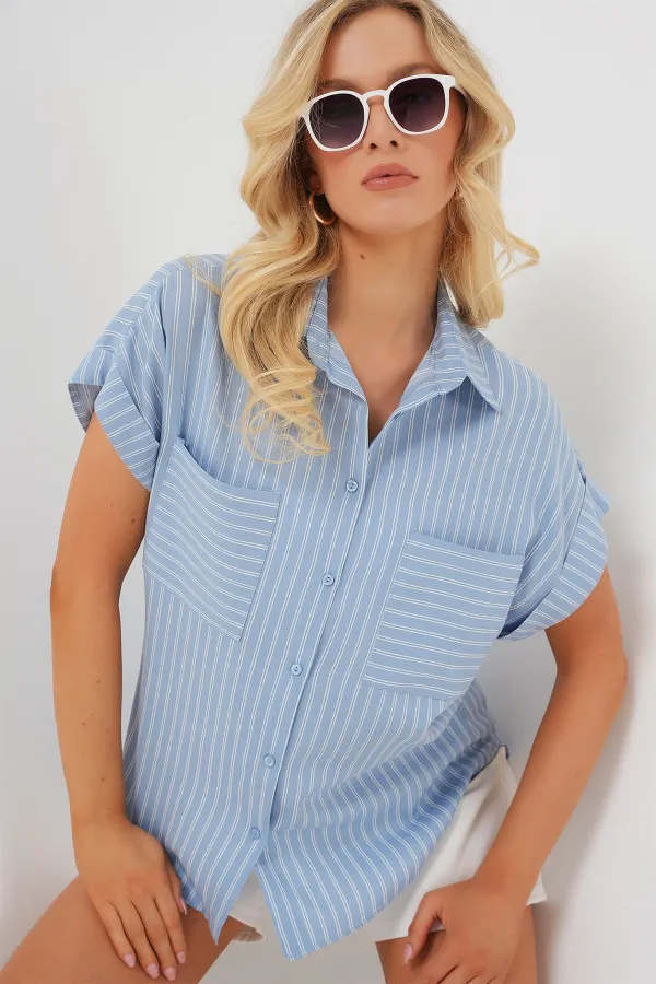 Women's Short Sleeve Striped Oversize Shirt 20303 - Blue