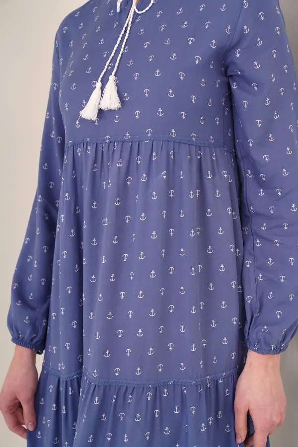 1627 Lace-Up Hijab Dress - Blue