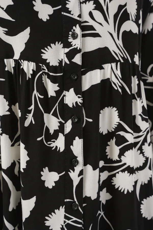 Kadın Desenli Uzun Tesettür Elbise 2585 - Siyah - Beyaz 1