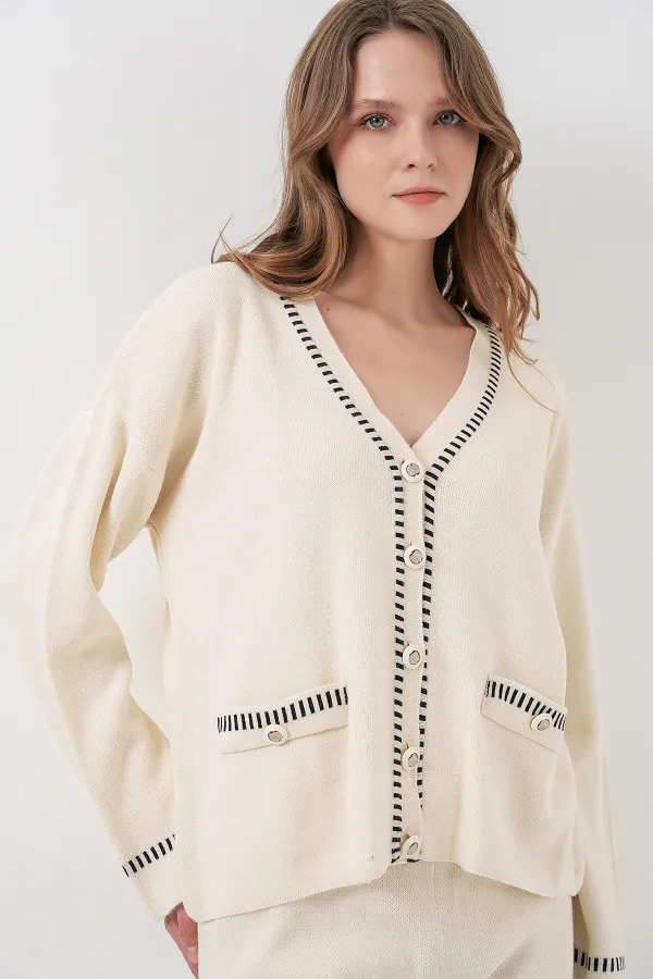 Women's Embroidered Knitwear Cardigan Trousers Two-Piece Set 15963 - Ecru