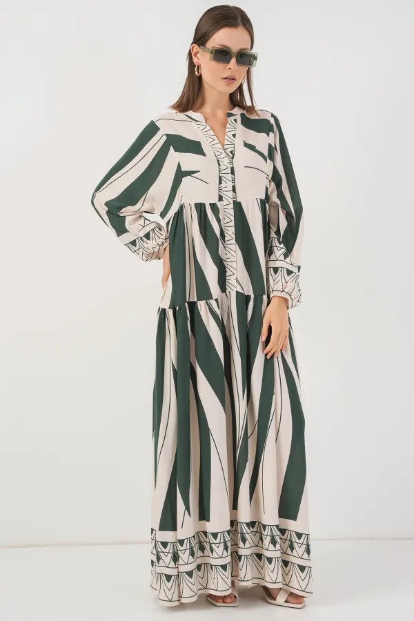 Kadın Desenli Uzun Tesettür Elbise 2585 - A. Zümrüt Yeşili