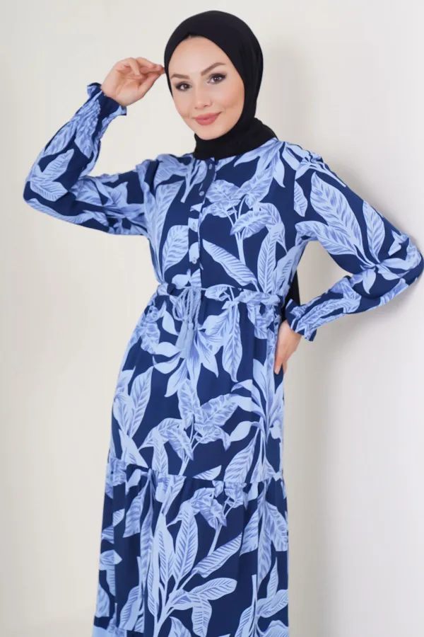 Robe hijab à motifs 2145 - Bleu marine clair
