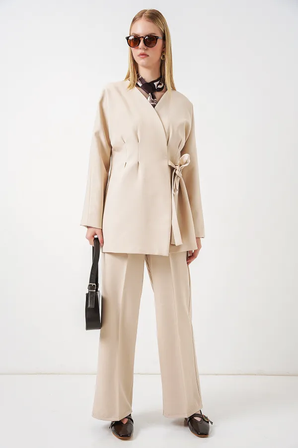 Kadın Yandan Bağlamalı Ceket Pantolon İkili Takım 30099 - Krem