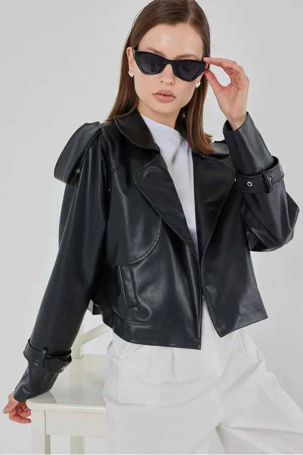 Kadın Oversize Deri Mont Ceket 1047 - Siyah