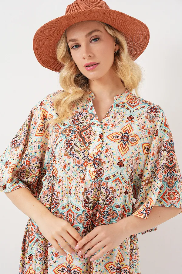 Women's Patterned Short-Sleeve Dress 2562 - Brown