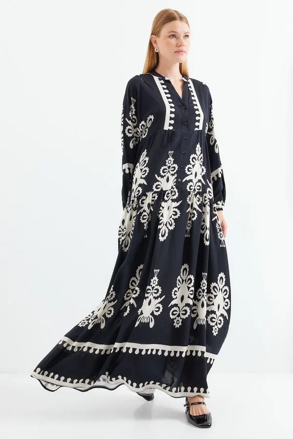 Robe hijab à motifs authentiques 2423 - Noire