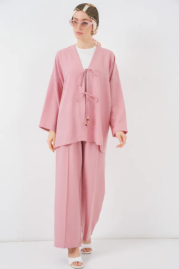 Kadın Keten Kimono İkili Takım 6727 - Gül Kurusu