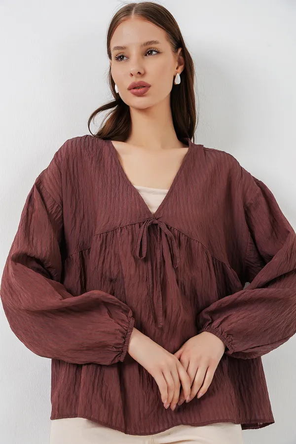 Chemisier à manches longues et laçage sur le devant pour femme 946 - Marron