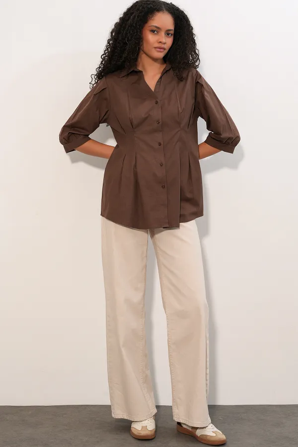 Women's Long Waist Fitted Shirt 20383 - Brown Women's Long Waist Fitted Shirt 20383 - Brown