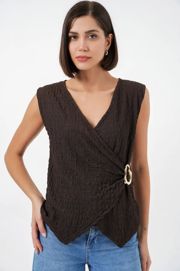 Kadın Sıfır Kol Örme Bluz 988 - Kahverengi