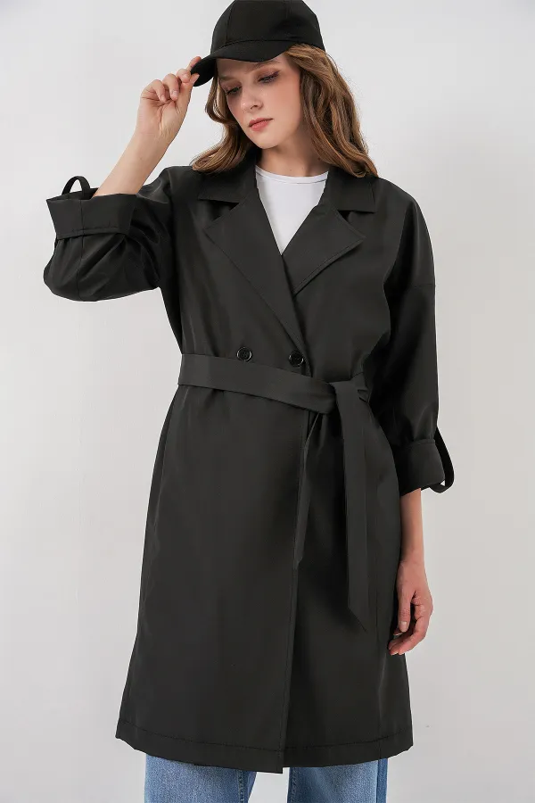 9104 Double-Breasted Lined Trench Coat - Black