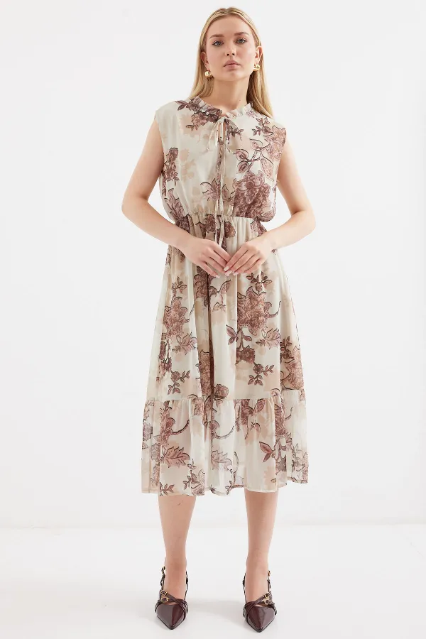 2503 Patterned Zero Sleeve Chiffon Dress - Brown