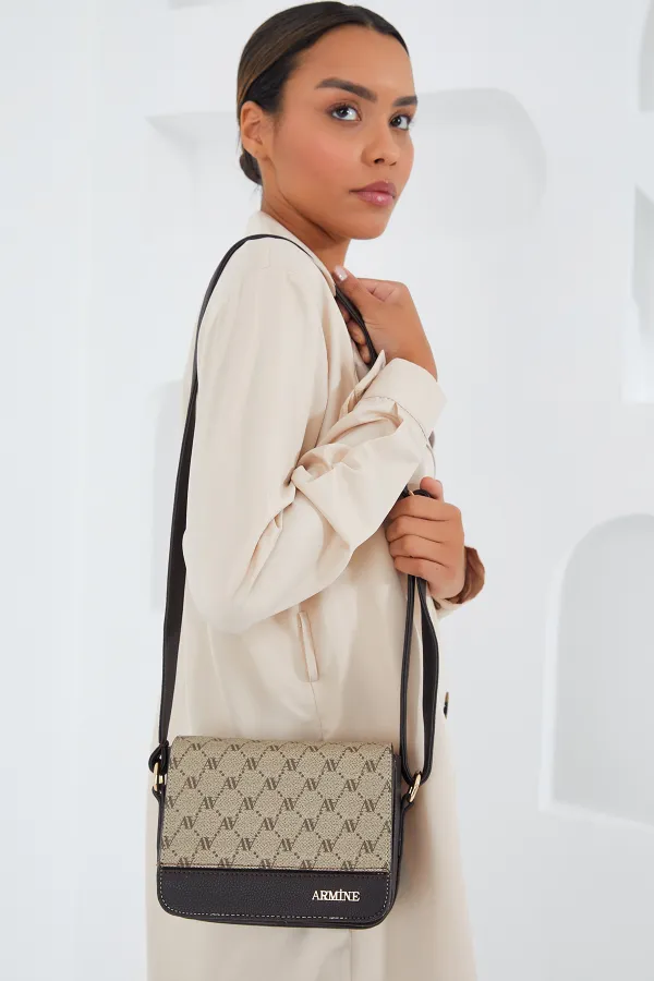 Armine Kadın Kahverengi Krem Desenli Omuz Çantası 010158