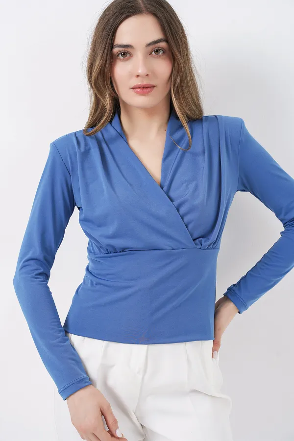Women's Wrap-Around Blouse with Shoulder Pads 942 - Indigo Women's Wrap-Around Blouse with Shoulder Pads 942 - Indigo