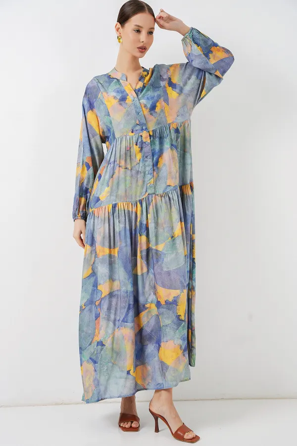 Kadın Desenli Uzun Tesettür Elbise 2585 - Açık Mavi