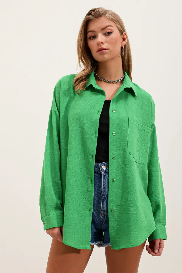 Chemise oversize en lin à poche unique 20153 - Verte
