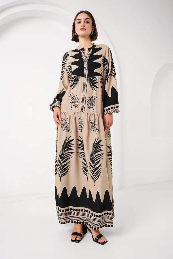 2423 Authentic Patterned Hijab Dress - C. Mink