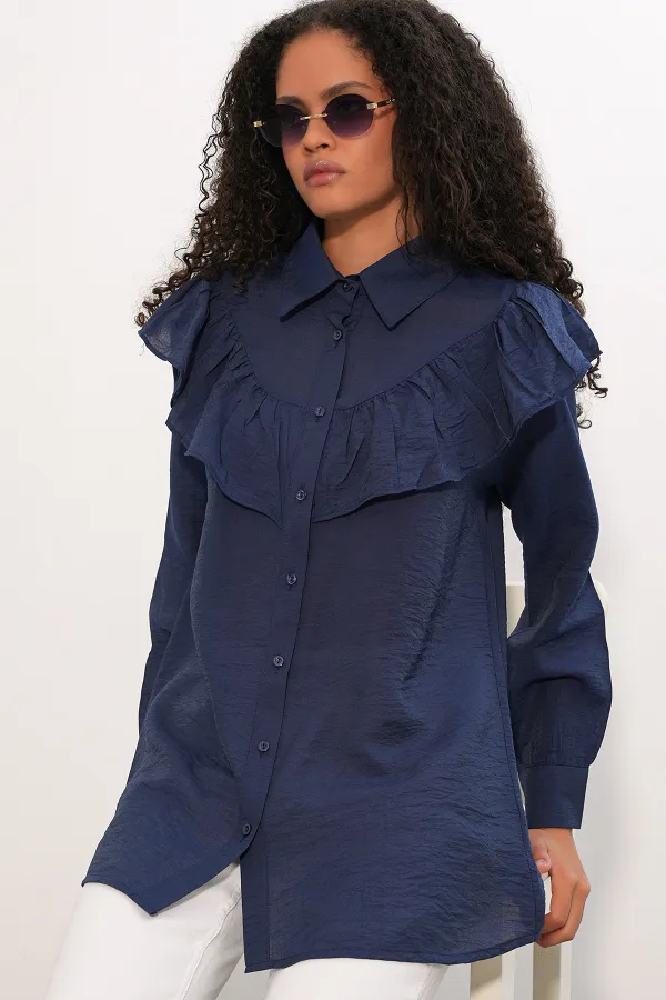 Women's Ruffle Detail Shirt Tunic 5994 - Navy Blue Women's Ruffle Detail Shirt Tunic 5994 - Navy Blue
